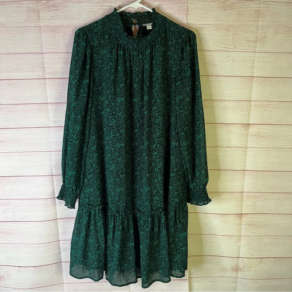 J. Crew Green Black Floral‎ Tiered Smocked Dress Size Small